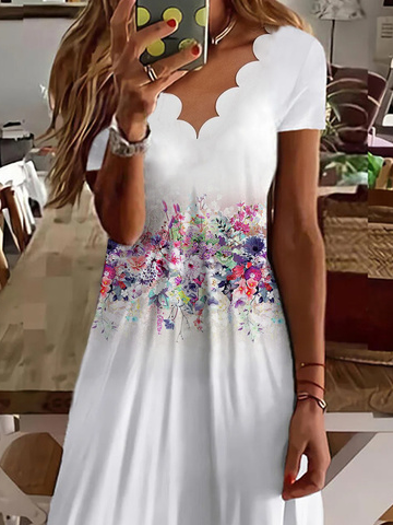 Scallop Neck Floral Vacation Midi Dress