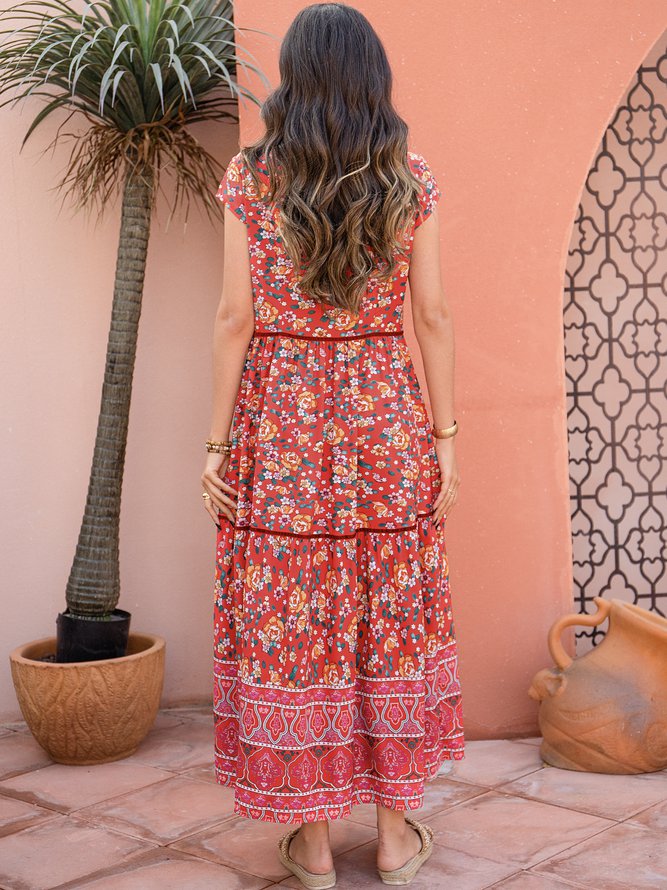 Ditsy Floral V Neck Boho Floral-Print Weaving Dress