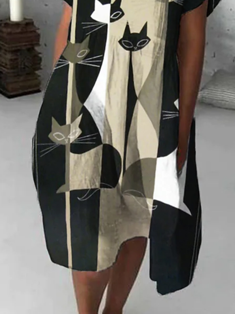 Crew Neck Cat Casual Loose Dress