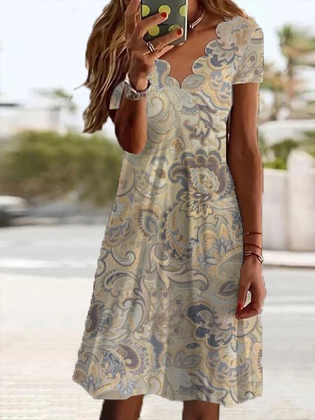 Vintage Loose V Neck Ethnic Dress