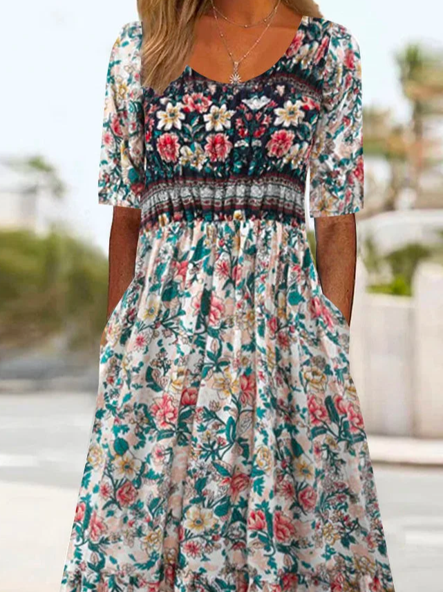 Casual Crew Neck Loose Floral Dress