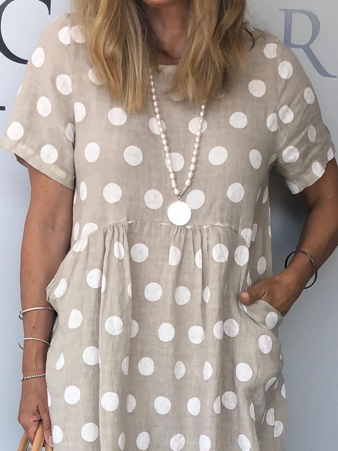 Women Polka Dots Pockets Casual Summer Weaving Smock Dress