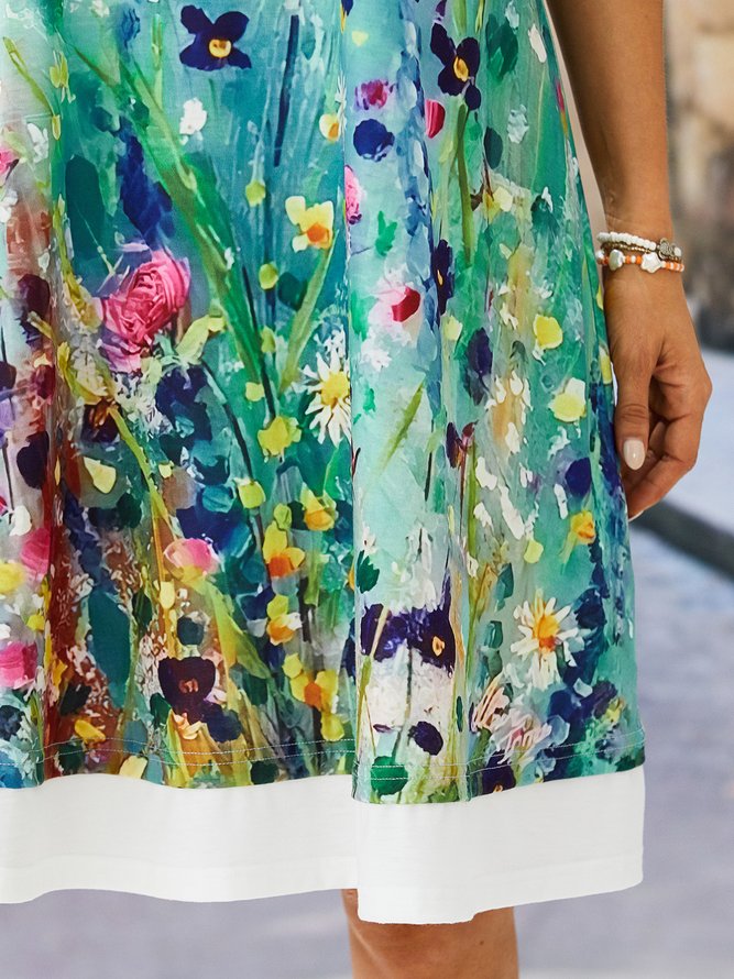 Cotton Casual Floral Short Sleeve Knitting Dress