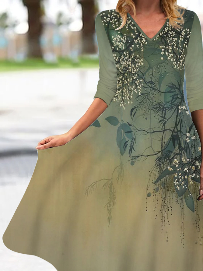 Floral Loose V Neck Casual Dress