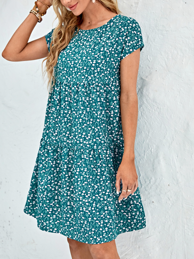 Ditsy Floral Casual Loose Crew Neck Dress