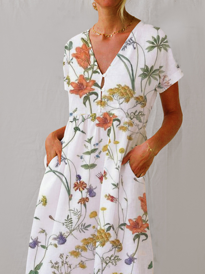 Casual Floral V Neck Loose Dress