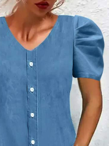 V-neck Casual Loose Denim Single-breasted Short-sleeved Short Dress