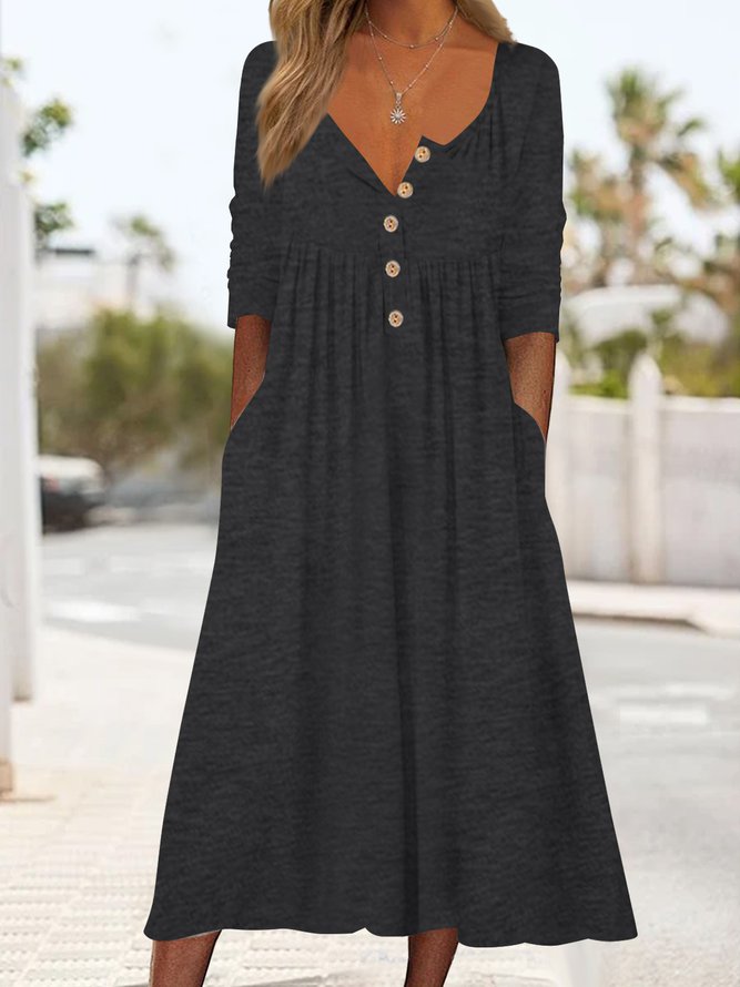 Plain Simple Autumn Buttoned Natural Midi Half Open Collar Dress