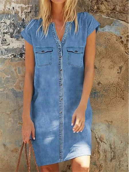 Plain V Neck Casual Dress With No Belt