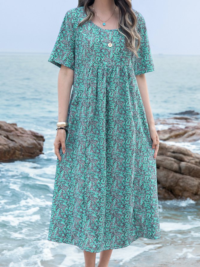 Women Fashion Summer Printed Midi Dress Crew Neck Dresses