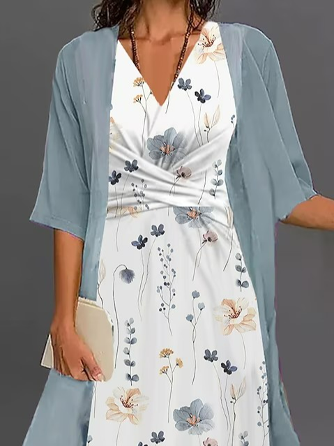 Elegant Loose V Neck Floral Two-Piece Set