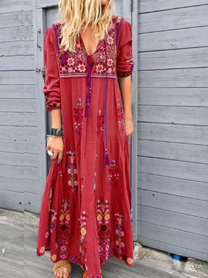 Women Casual Patchwork Cotton-Blend V Neck Maxi Dresses