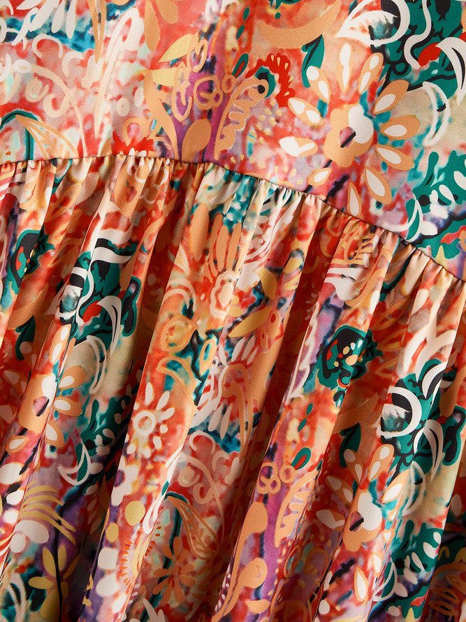 Round Neck Floral Boho Vacation Mini Dress