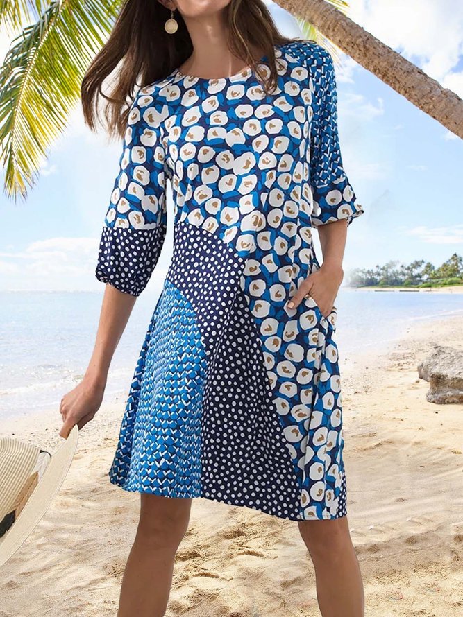 Loose Leopard Crew Neck Vacation Dress