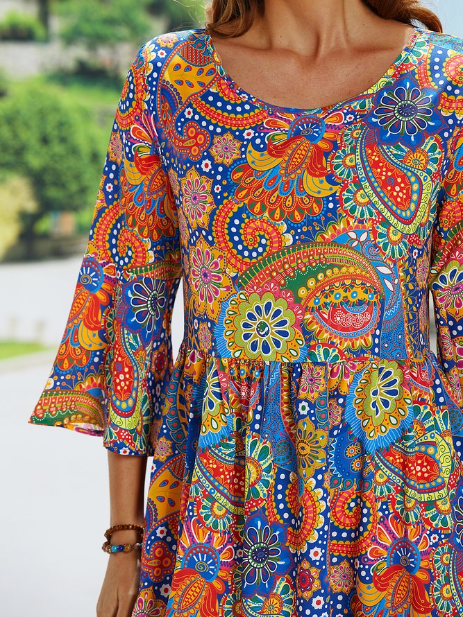 Floral Crew Neck Casual Short Sleeve Women Smock Dress