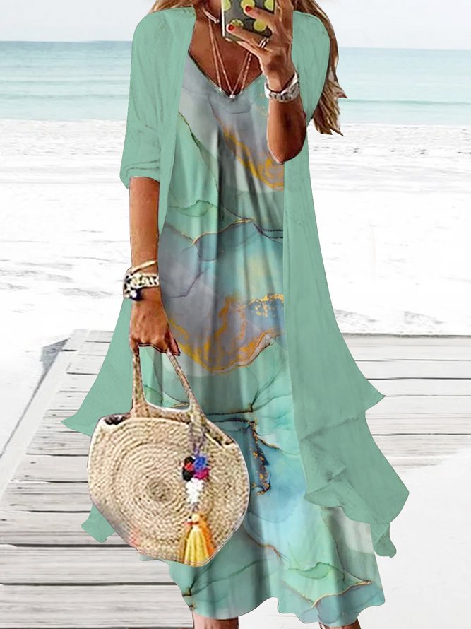 2PCS V Neck Gradient Vacation Sleeveless Dress with Cardigan