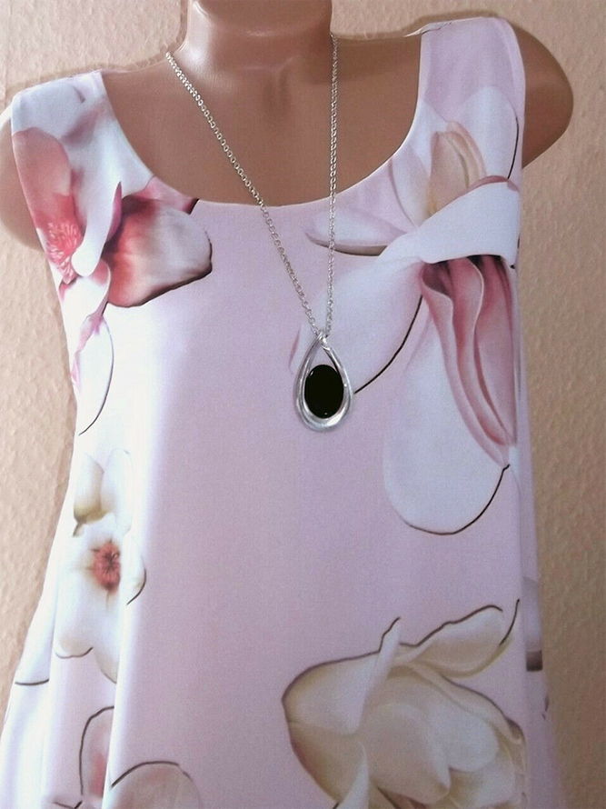 Floral-Print Crew Neck Cotton-Blend Sleeveless Weaving Dress