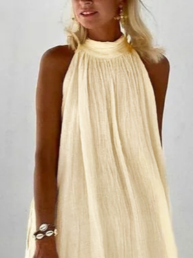 Cotton And Linen Linen Plain Stand Collar Dress