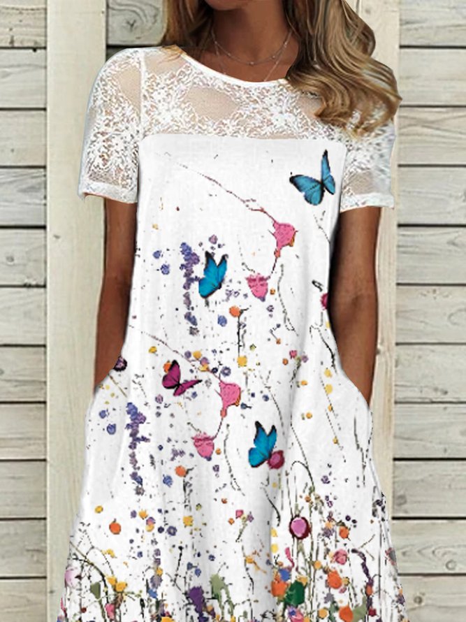 Crew Neck Floral Lace Casual Midi Dresses