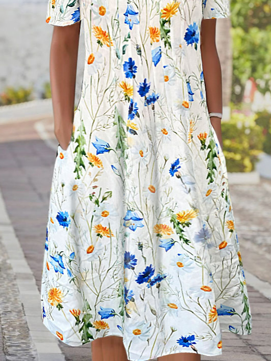 Round Neck floral Vacation Midi Dress