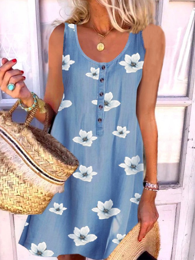 Faux Denim Floral Design Casual Sleeveless Dress