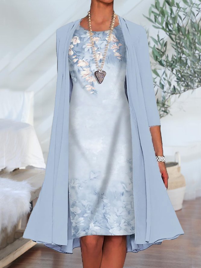 2PCS Round Neck Floral Casual Dress & Cardigan