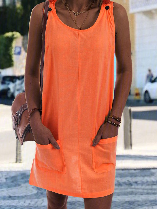 Round Neck Sleeveless Buttoned Plain Causal Mini Dresses