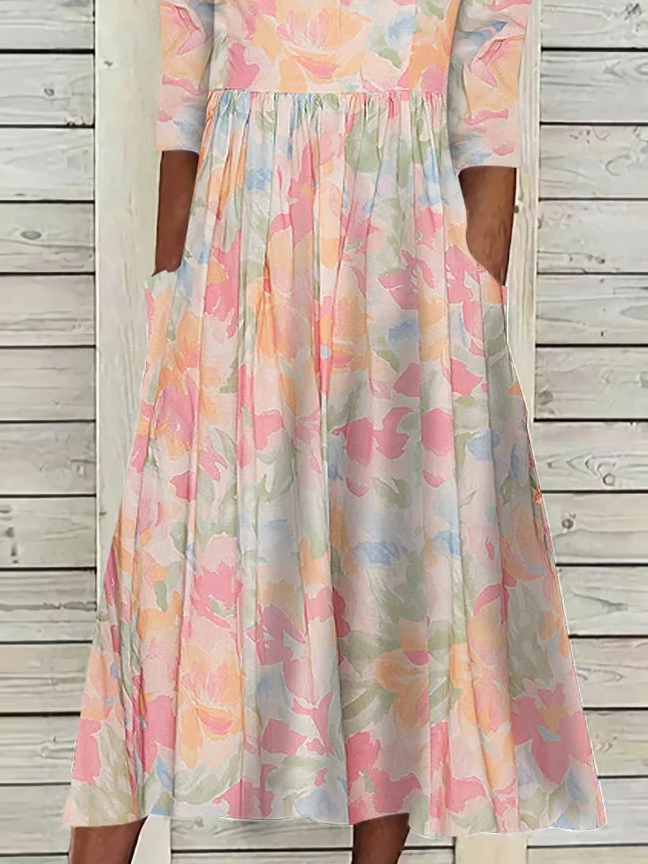 Loose Floral Crew Neck Casual Dress