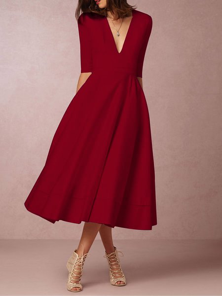 Women Deep V Neck 3/4 Sleeve Paneled Solid Elegant Swing Prom Dress