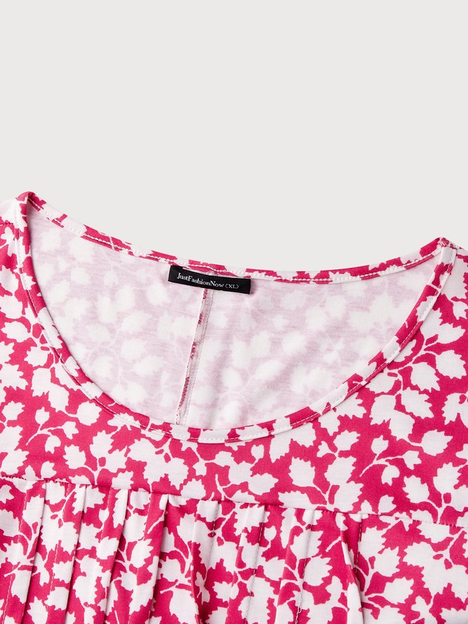 Round Neck Pockets Floral Casual Midi Prom Dress