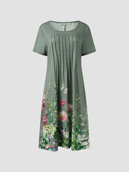 Crew Neck Floral Casual Midi Dress