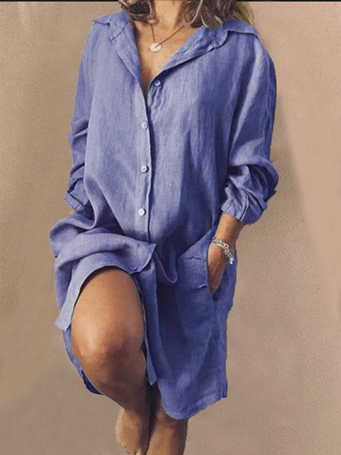 Pockets Buttoned Solid V Neck Shift Daily Cotton-Blend Weaving Dress
