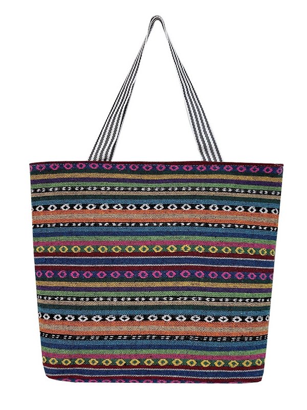 Ethnic Striped Printing Nylon Women's Shoulder Tote Bag