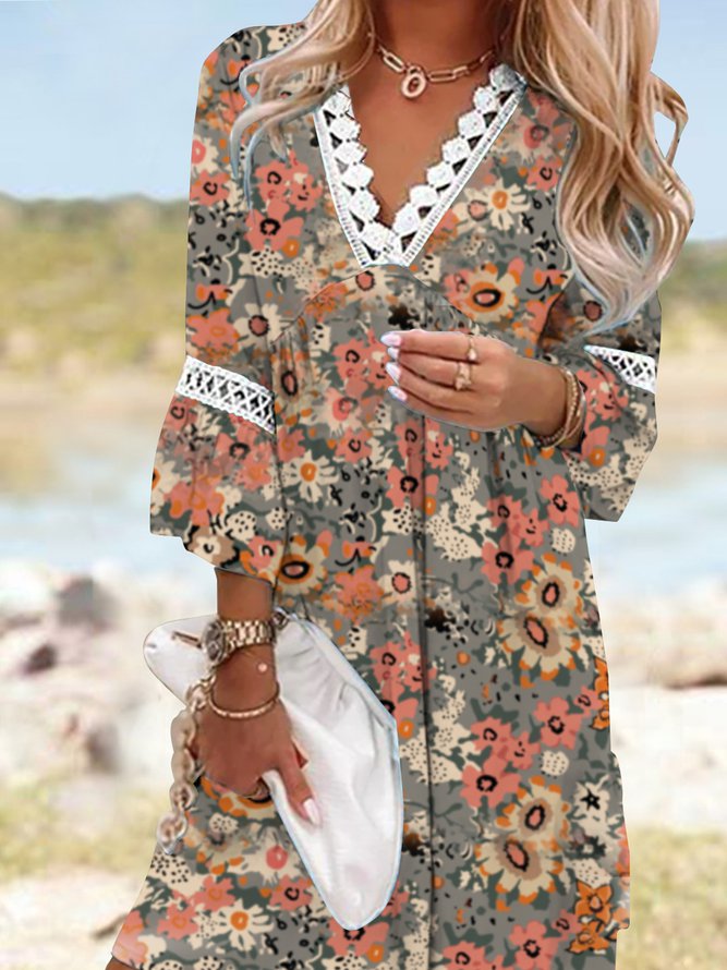 V Neck Lace Vintage Floral loose Ruffle Midi Dress