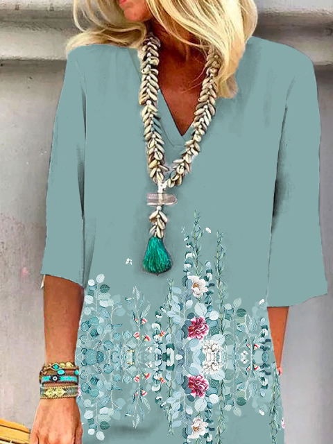 V Neck Floral Casual Midi Dress