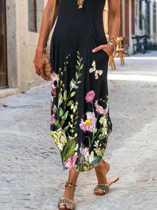 Cotton-Blend Short Sleeve Crew Neck Floral-Print Knitting Dress