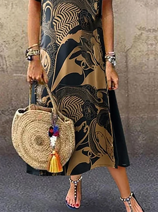 Round Neck Tribal Casual Midi Dress