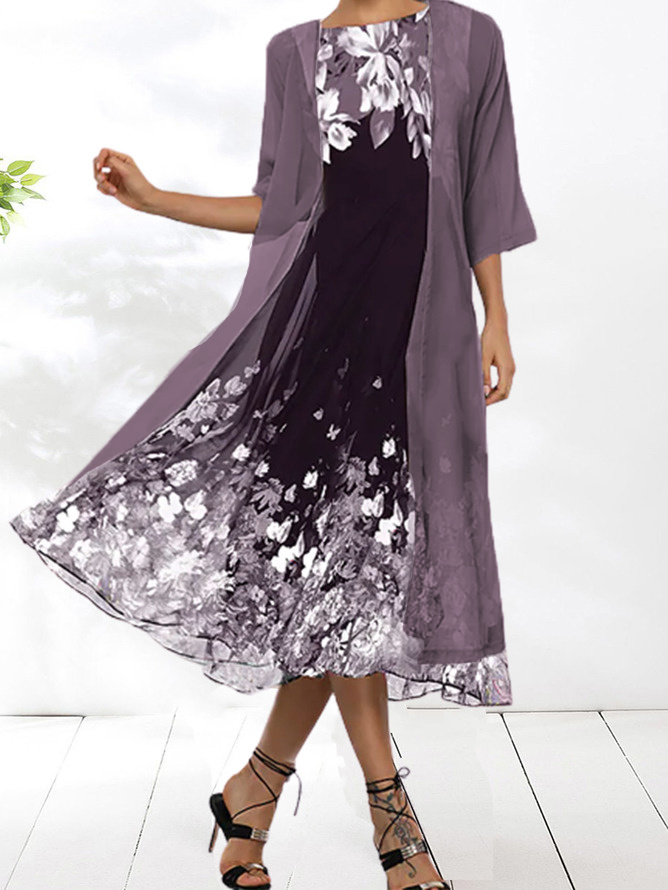 Round Neck 2PCS Floral Vacation Casual Midi Dress