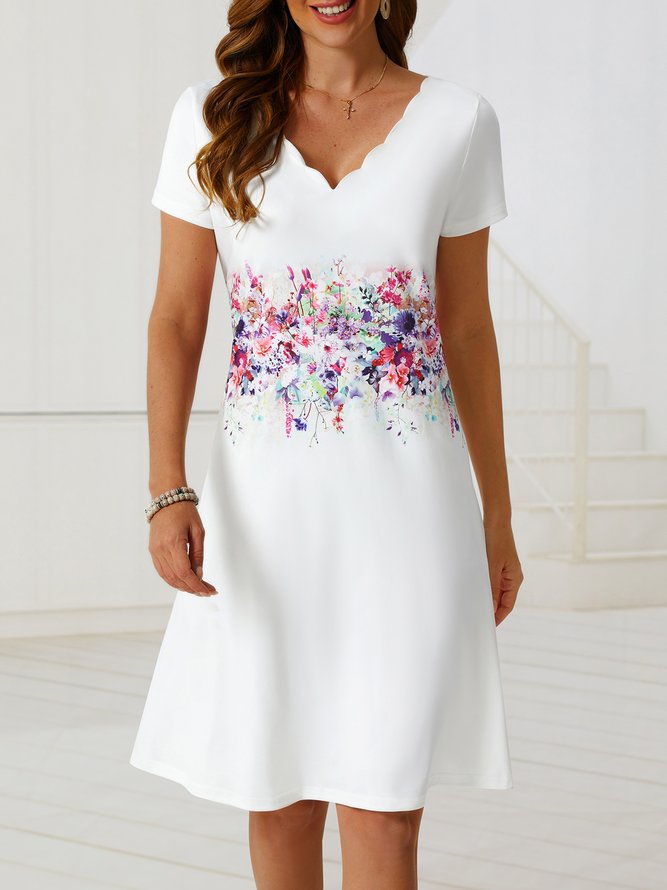 Vacation Floral V Neck Regular Fit Short Sleeve Knit Dress