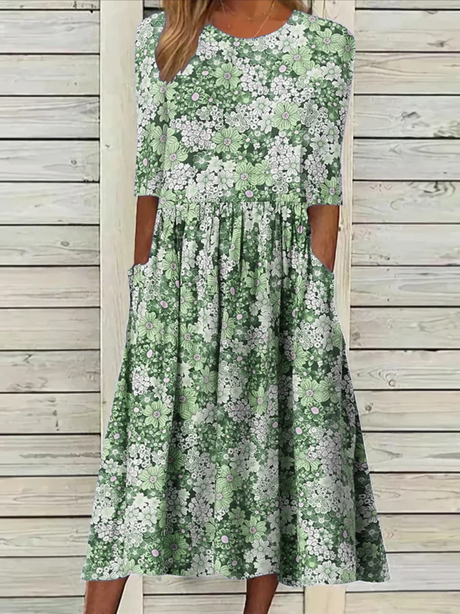 Vacation Knitted Crew Neck Floral Dress