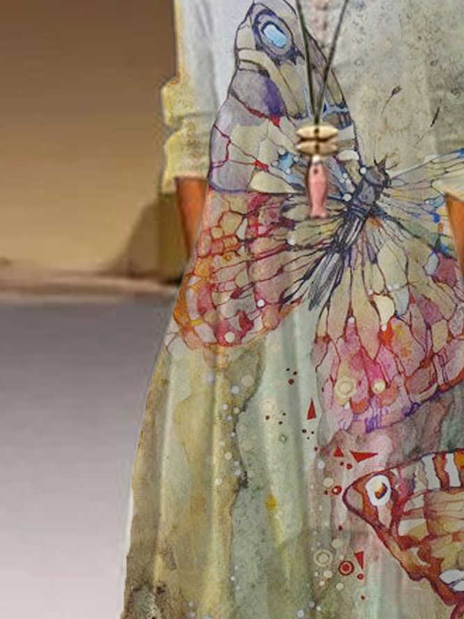 Cotton-Blend 3/4 Sleeve Casual Floral Dress