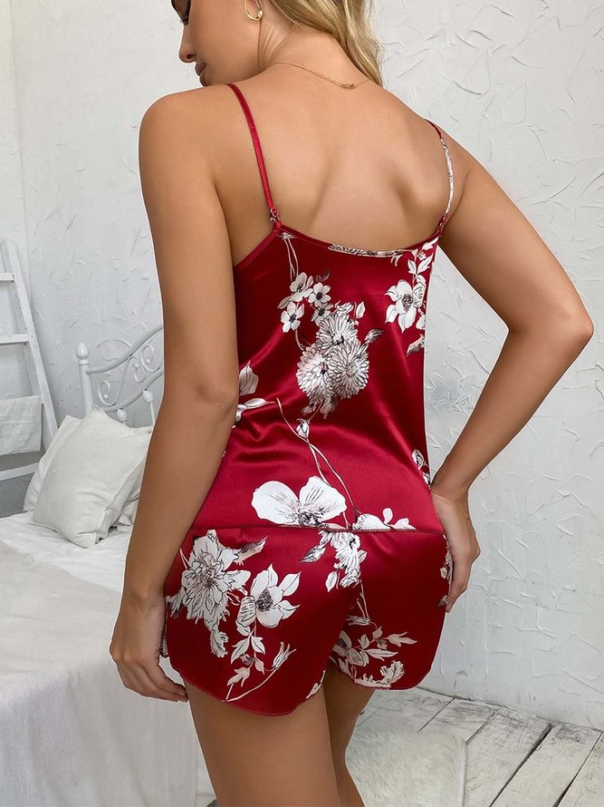Floral Heart Printing Elegant Silk Pajama Set