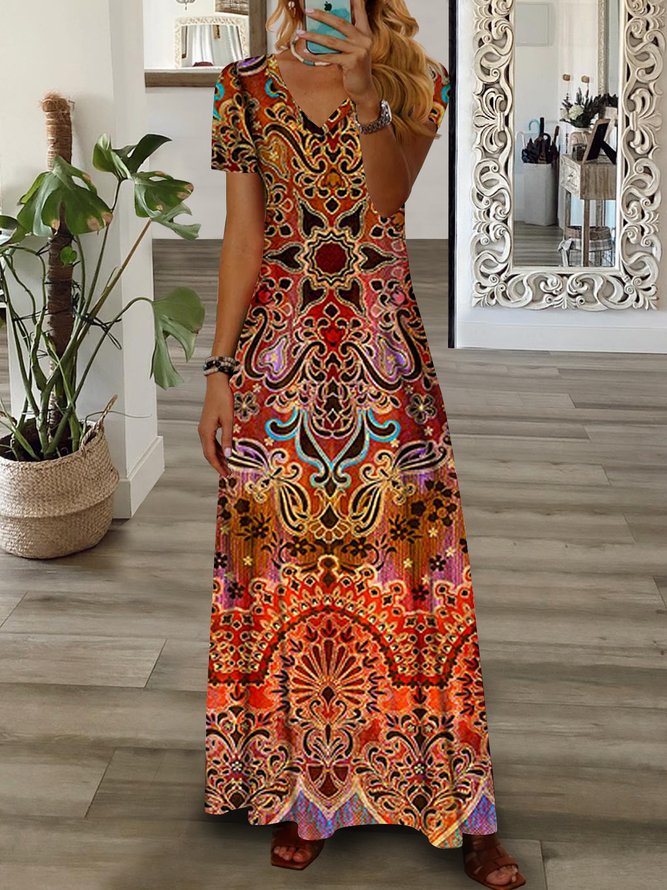V Neck Loose Ethnic Casual Dress
