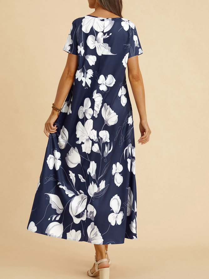 Cotton Blends Floral Loosen Short Sleeve Woven Dress