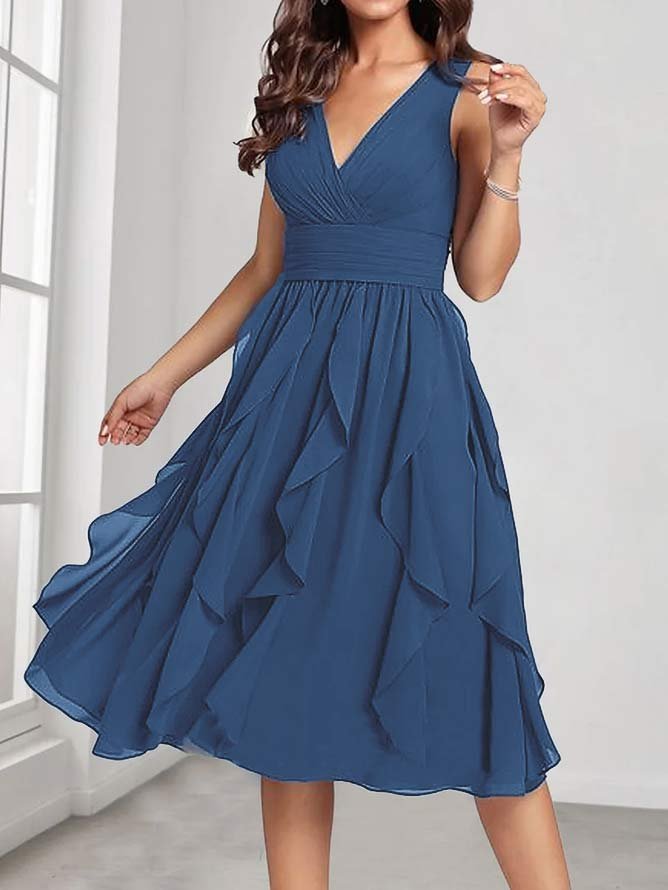 Women‘s Party Dress Cocktail Dress Swing Dress Midi Dress Dark Blue Sleeveless Pure Color Ruched Summer Spring V Neck Party Wedding Guest Vacation Summer Dress