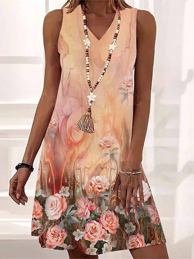 Floral V Neck Casual Loose Dress