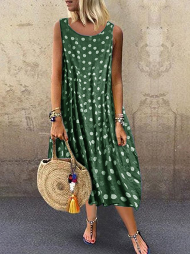 Round Neck Women Summer Weaving Dress Printed Polka Dots Midi Weaving Dress