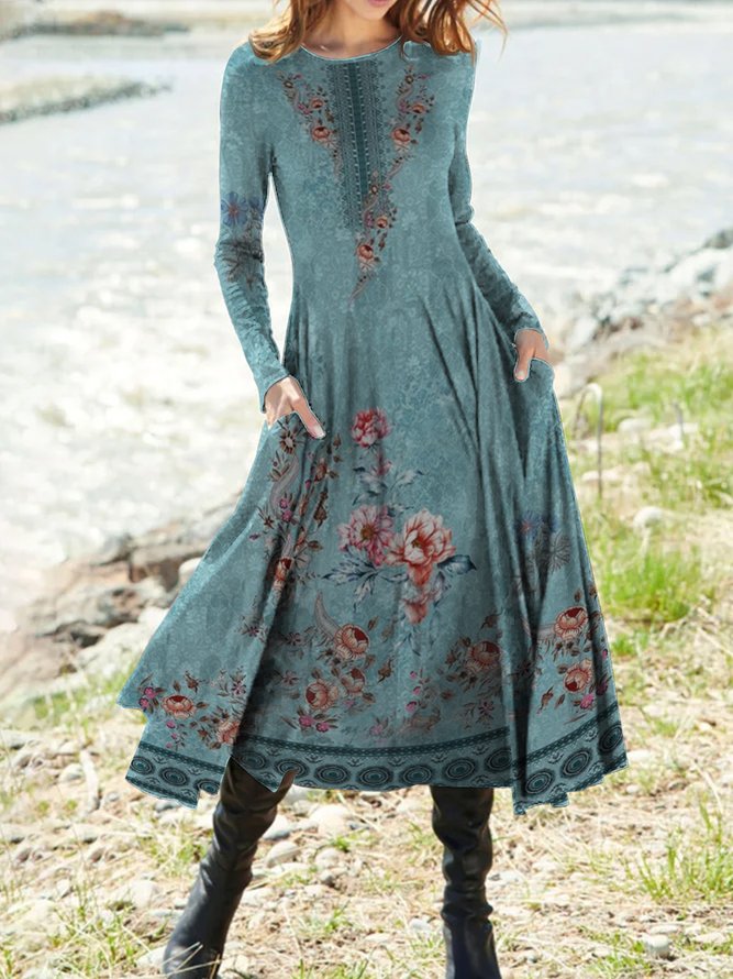 Boho Crew Neck Loose Floral Dress