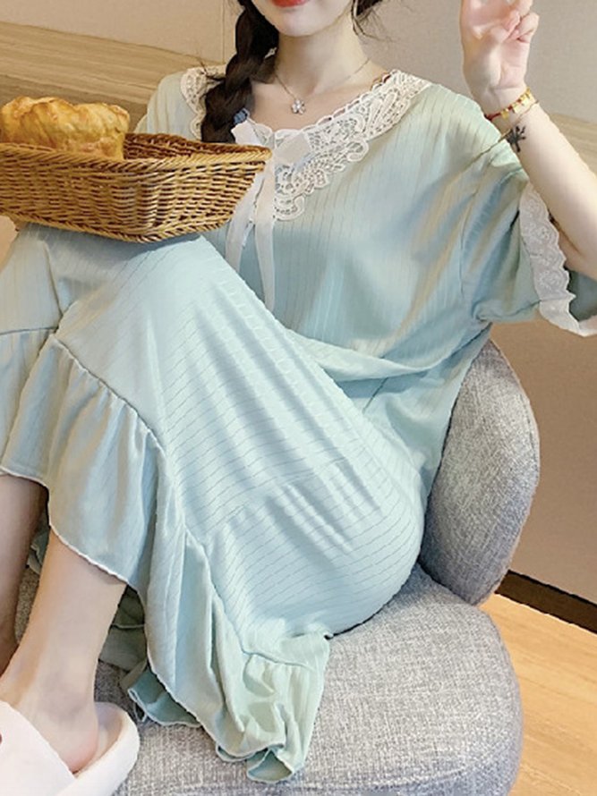 Regular Sleeve Casual Lace V Neck Loose Lounge Dress