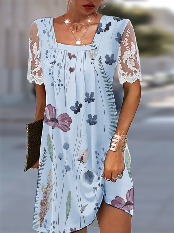 Square Neck Lace Casual Floral Loose Dress